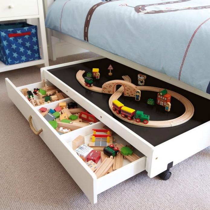 fiókok az ágyban játékok tárolására a gyermekszobában