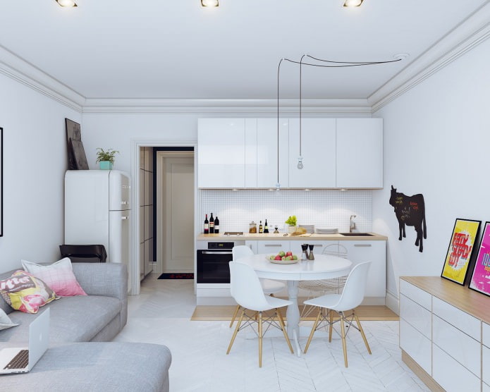 Kitchen-living room interior in white