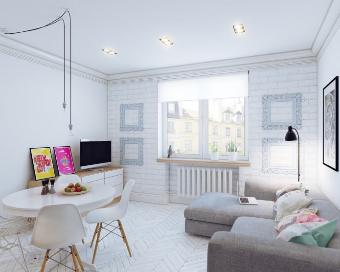 Scandinavian design of a small studio apartment of 24 sq. m.