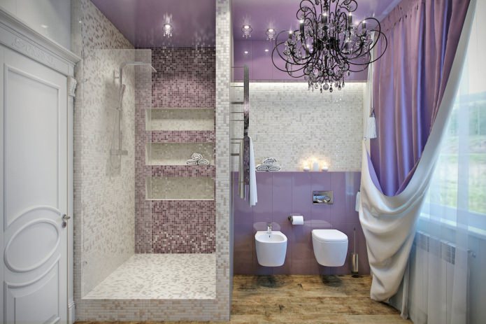 fürdőszoba zuhanyzóval, lila színben