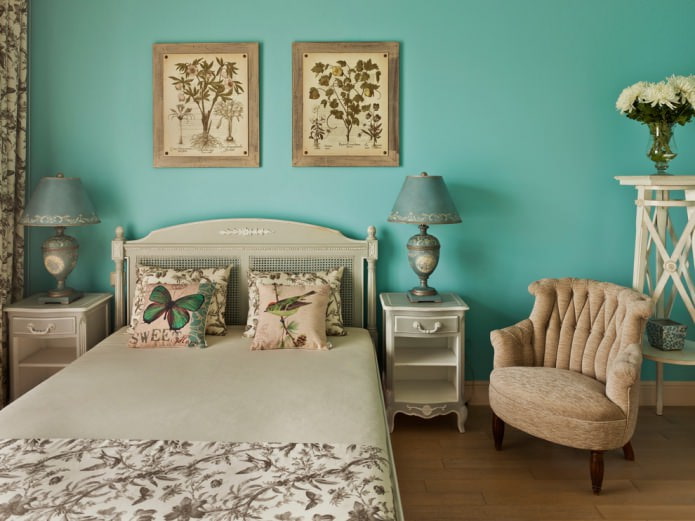 beige and turquoise bedroom
