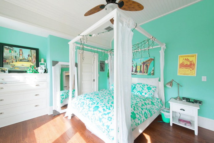 white and turquoise bedroom