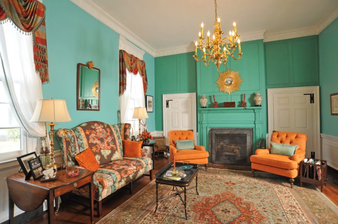 orange and turquoise living room