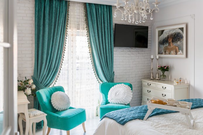 turquoise chairs and curtains