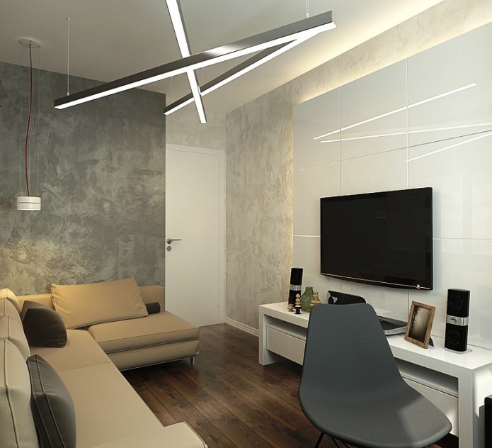 living room in the design of a three-room apartment in a panel house