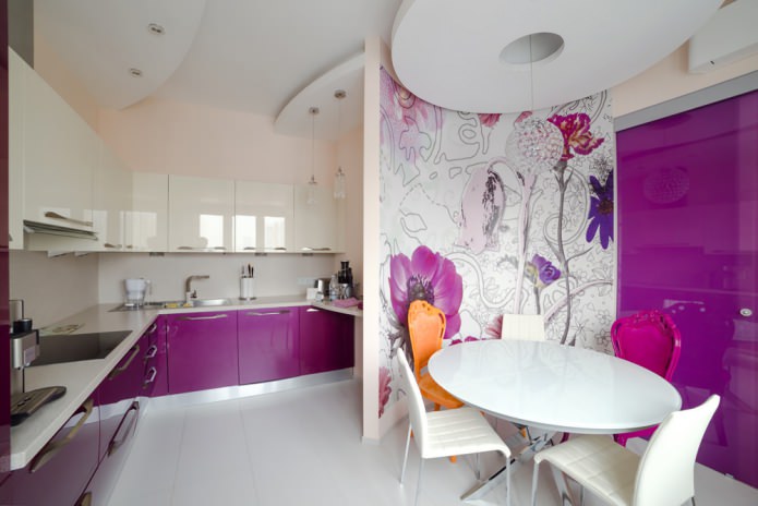 white and purple photomurals in the kitchen