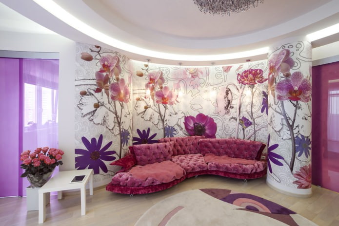 Magandang wallpaper para sa sala sa mga kulay-rosas na tono