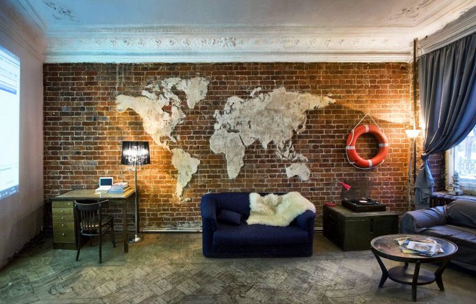 world map in the interior of the living room in the loft style
