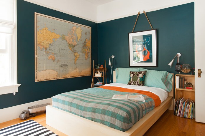 world map in the interior of the bedroom
