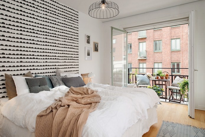 bedroom with balcony in Scandinavian style