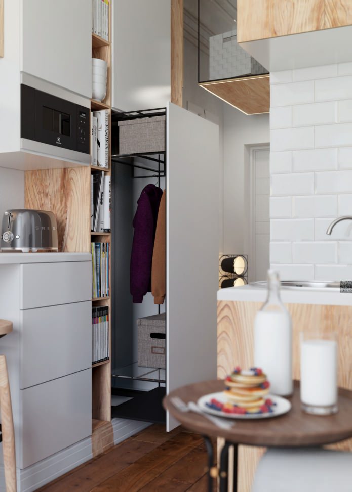 pull-out wardrobe in the interior of the apartment of 15 sq. m.