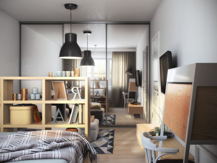 Wohnzimmer-Schlafzimmer im Design eines Studio-Apartments von 36 qm. m.