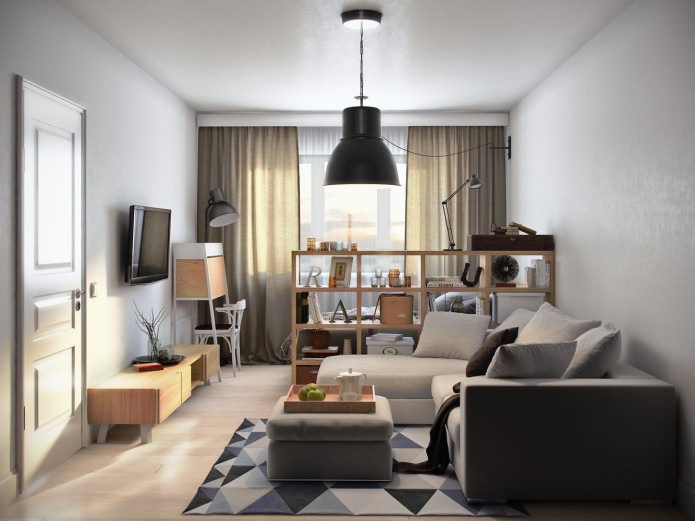 living room-bedroom in the design of a studio apartment of 36 sq. m.
