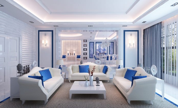 Living room in blue and white