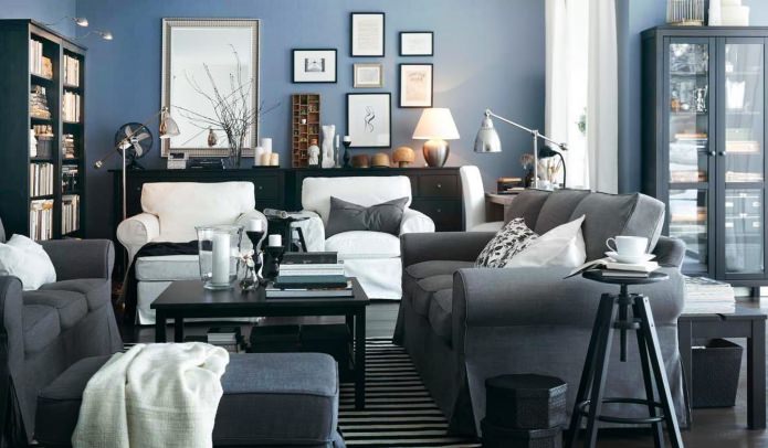 Living room in blue and gray tones