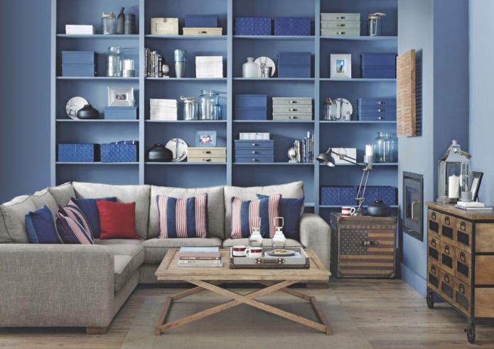living room interior in blue tones