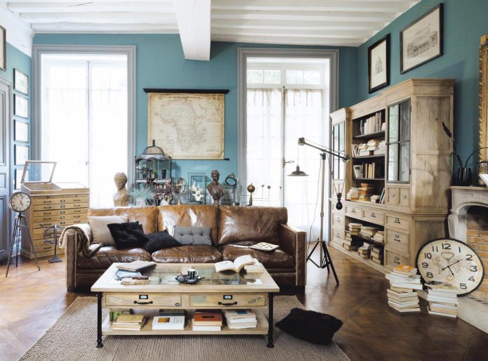 Living room in blue-brown color