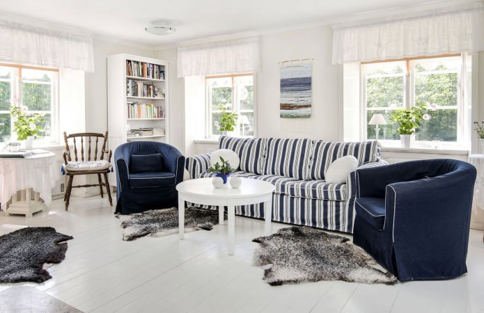 living room interior in blue and white