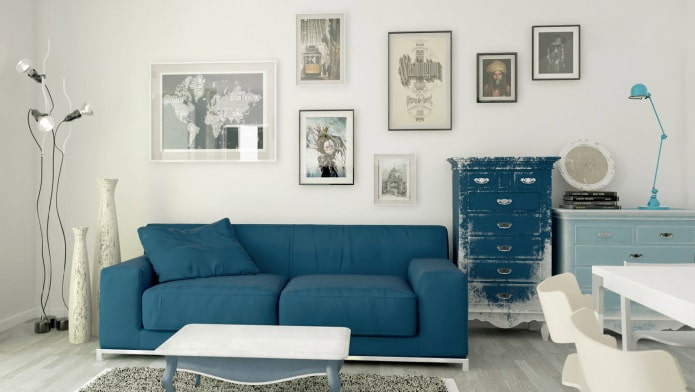 Living room in blue and beige tones