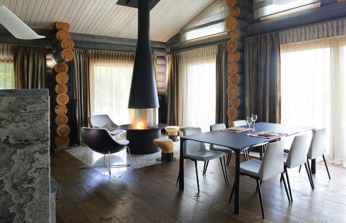 interior decoration of a log house in a modern style