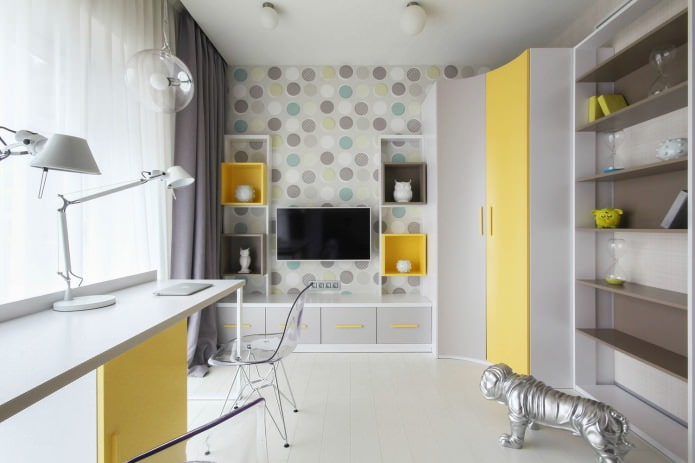 helles Kinderzimmer mit gelben Möbeln