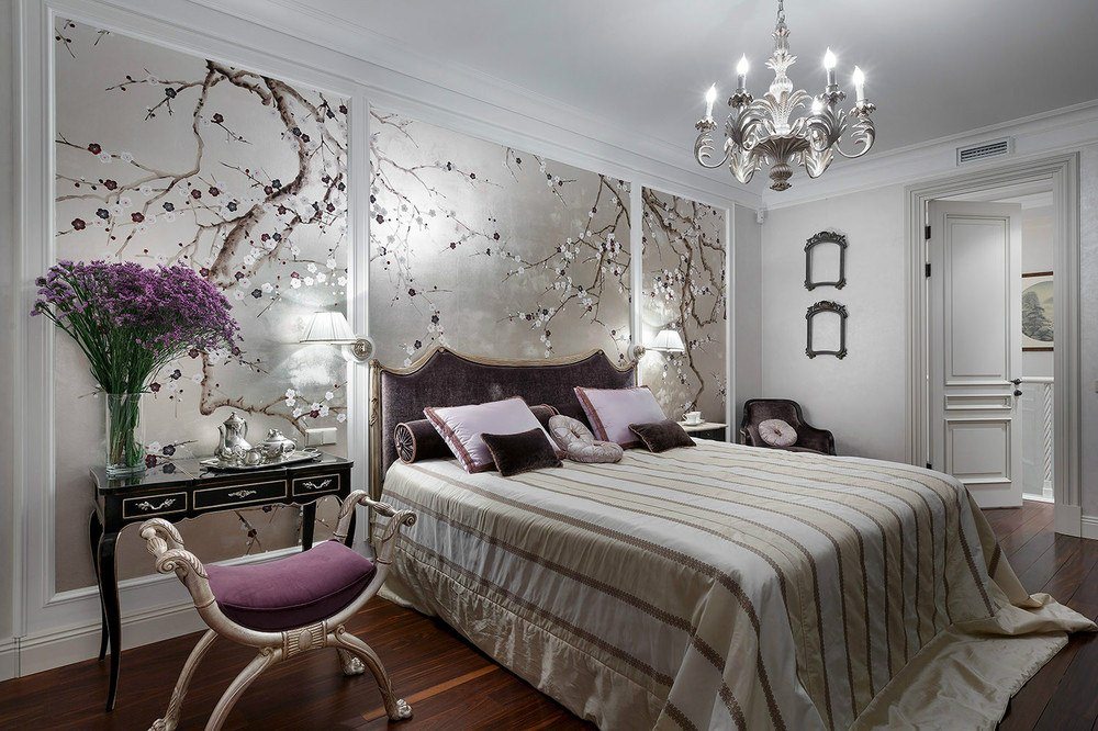 bedroom design with silver wallpaper