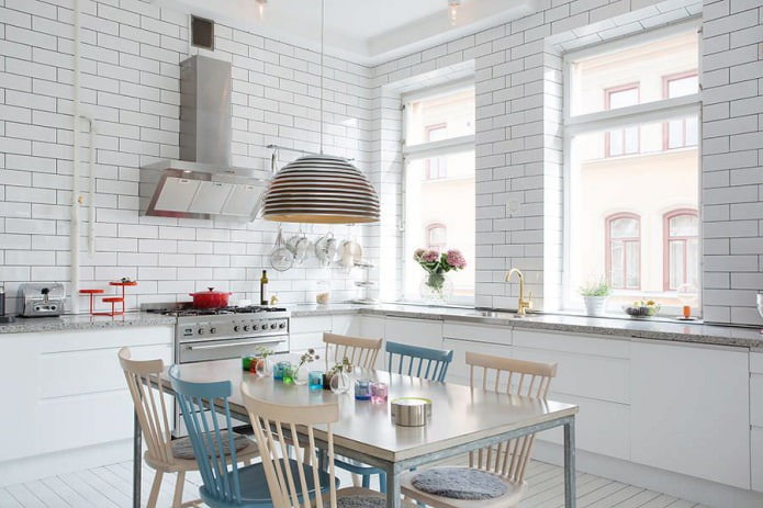 White brick in the design of the kitchen