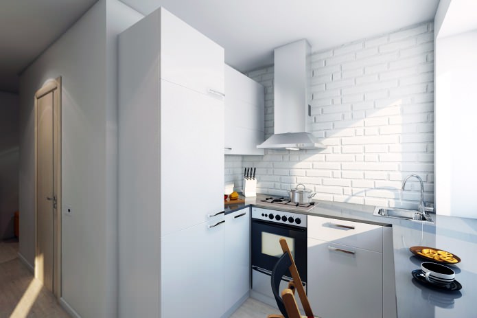 White brick in the design of the kitchen