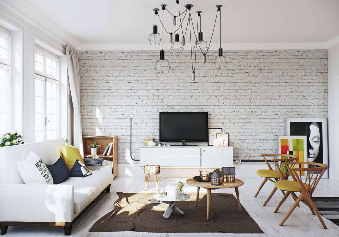 white brick wall in the interior of the living room