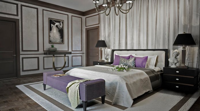 Gray walls in the bedroom in a classic style