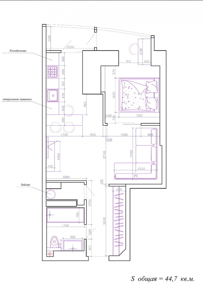 layout of a one-room apartment 45 sq. m.