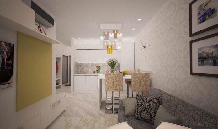 кухиња-дневна соба у дизајну двособног стана од 44 кв. м.