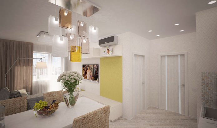 konyha-nappali egy kétszobás, 44 négyzetméteres lakás kialakításában. m.