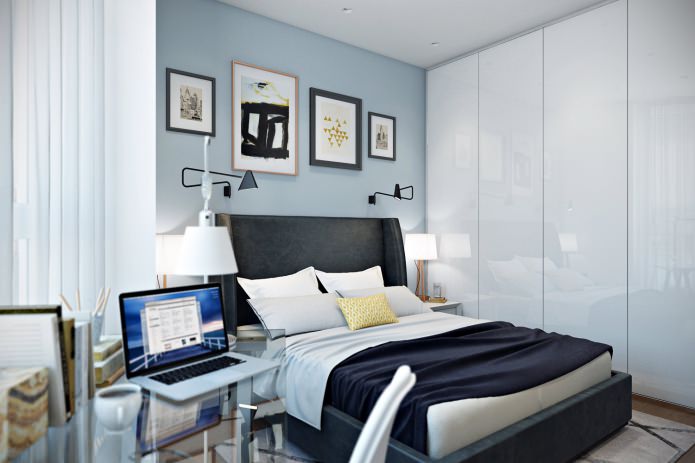 bedroom with a workplace in the design of an apartment of 41 sq. m.