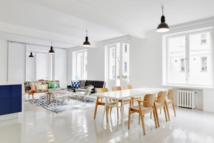 white glossy floor in Scandinavian style room design