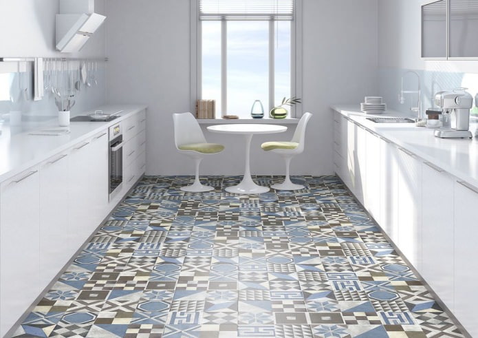 the floor in the kitchen in the patchwork style in the interior