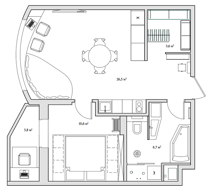 Layout of a creative apartment of 47 sq. m.