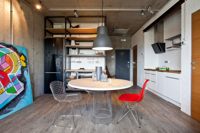 bright loft-style apartment with concrete walls