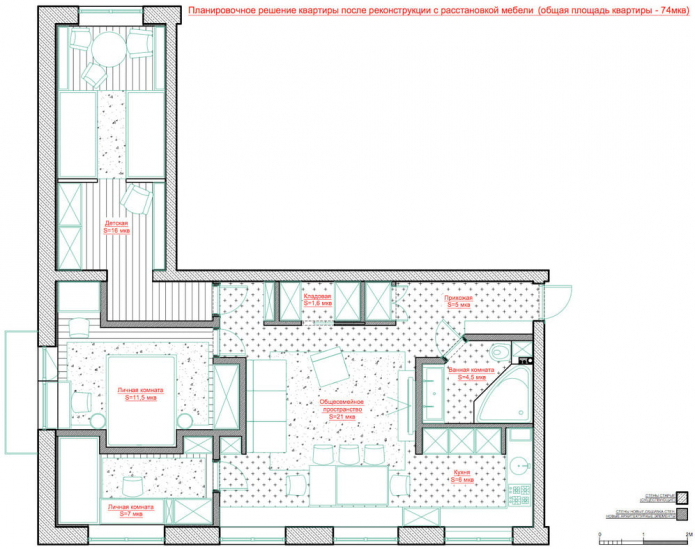 ang layout ng apartment ay 72 sq. m