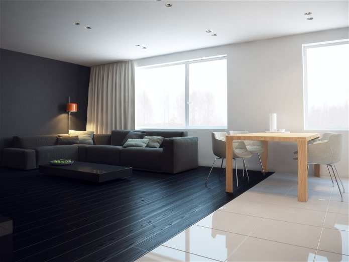 black and white kitchen-living room design