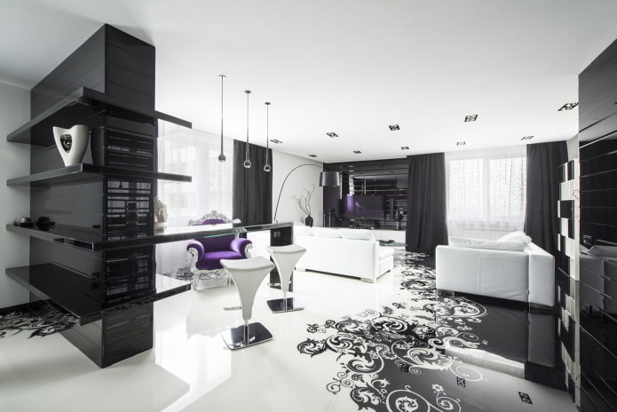 црно-бели ентеријер собе са додатком љубичасте боје
