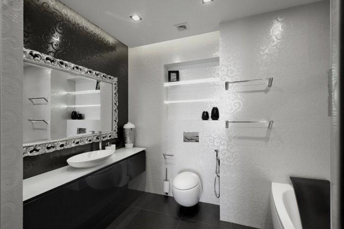 Schwarzes und weißes Badezimmer-Interieur