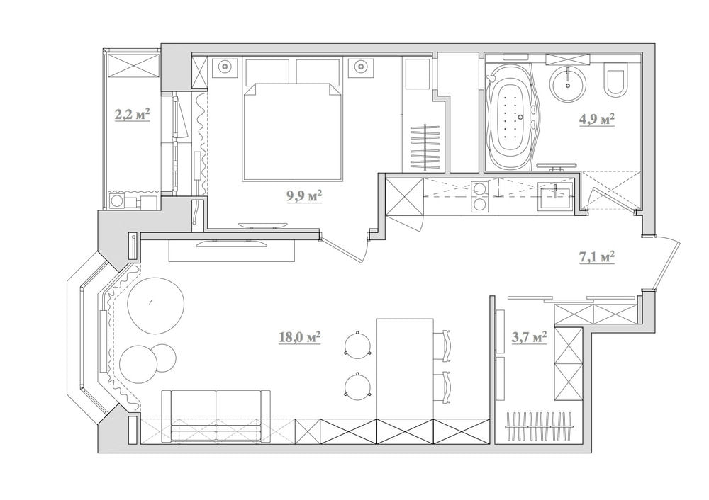 Grundriss einer Zweizimmerwohnung 43 qm m.