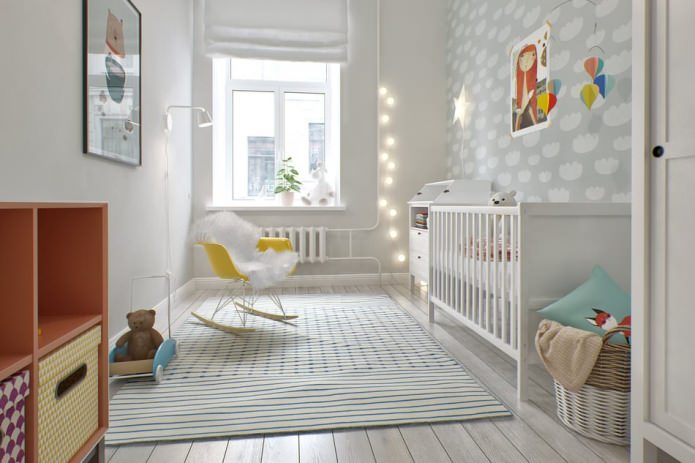 nursery sa proyekto ng disenyo ng isang apartment na 100 sq. m