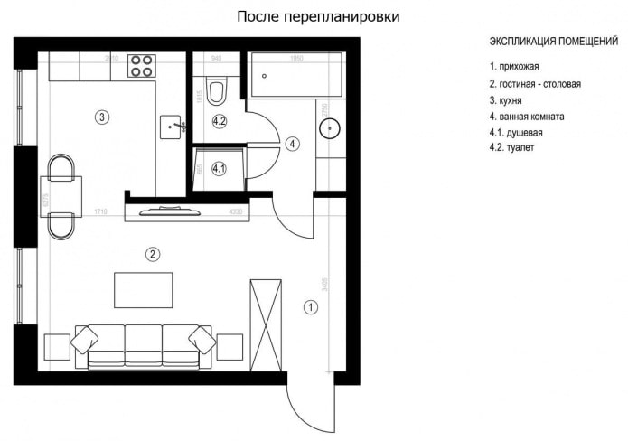 Der Grundriss der Wohnung beträgt 37 qm. m.