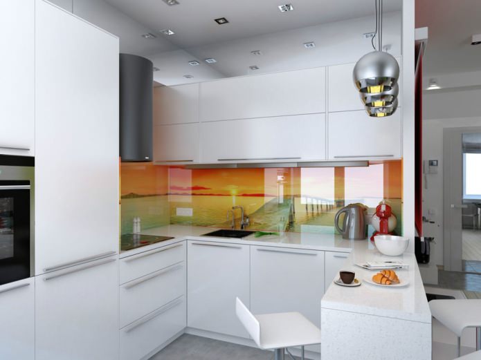 kitchen with a bar counter in the design of an apartment of 47 sq. m.
