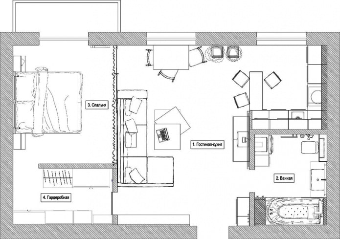 layout ng isang studio apartment na 47 sq. m