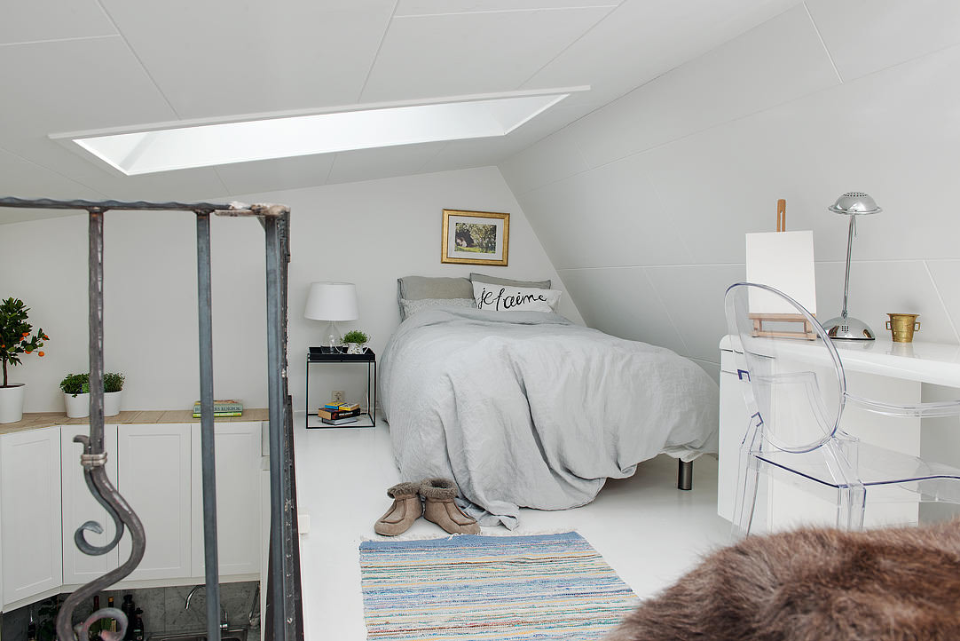 bedroom in an attic-type apartment