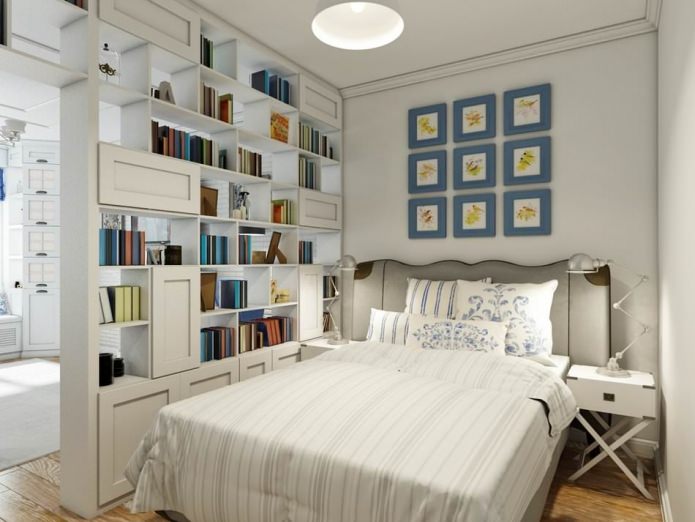 bedroom behind bookshelves