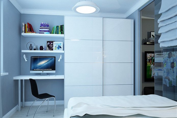 einen Arbeitsplatz in einem Schlafzimmer in einer Zweizimmerwohnung von 46 qm. m.